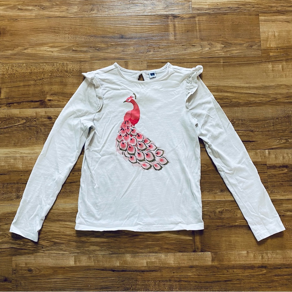 JANIE & JACK Girls 12 Peacock Print LS White Shirt Ruffled Sleeves Cotton Top*
